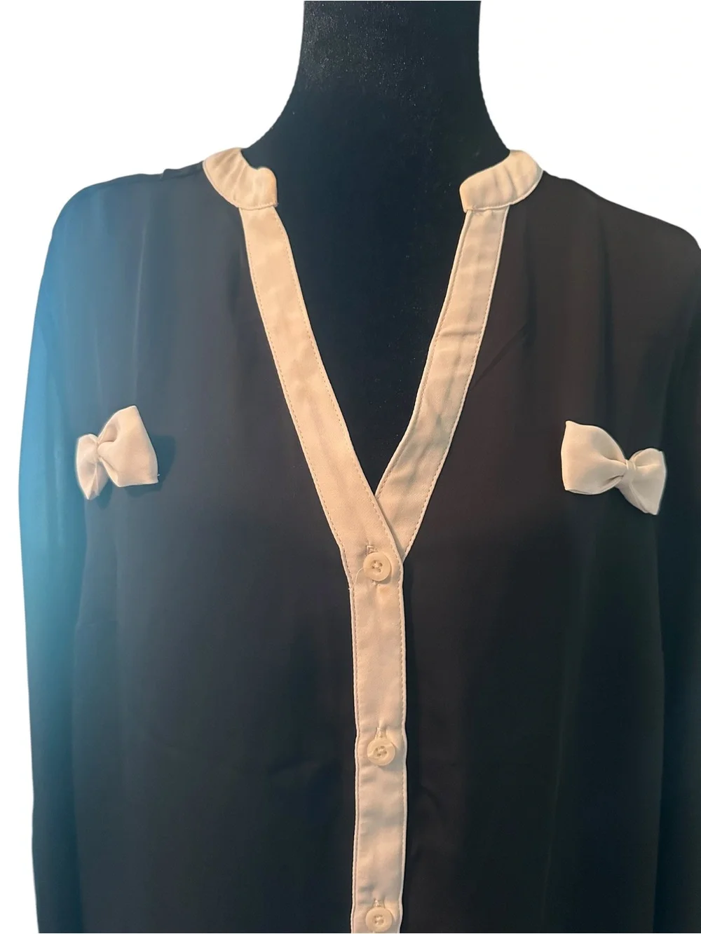 LC Lauren Conrad Black Button-Down Blouse with Cream Trim and Bows